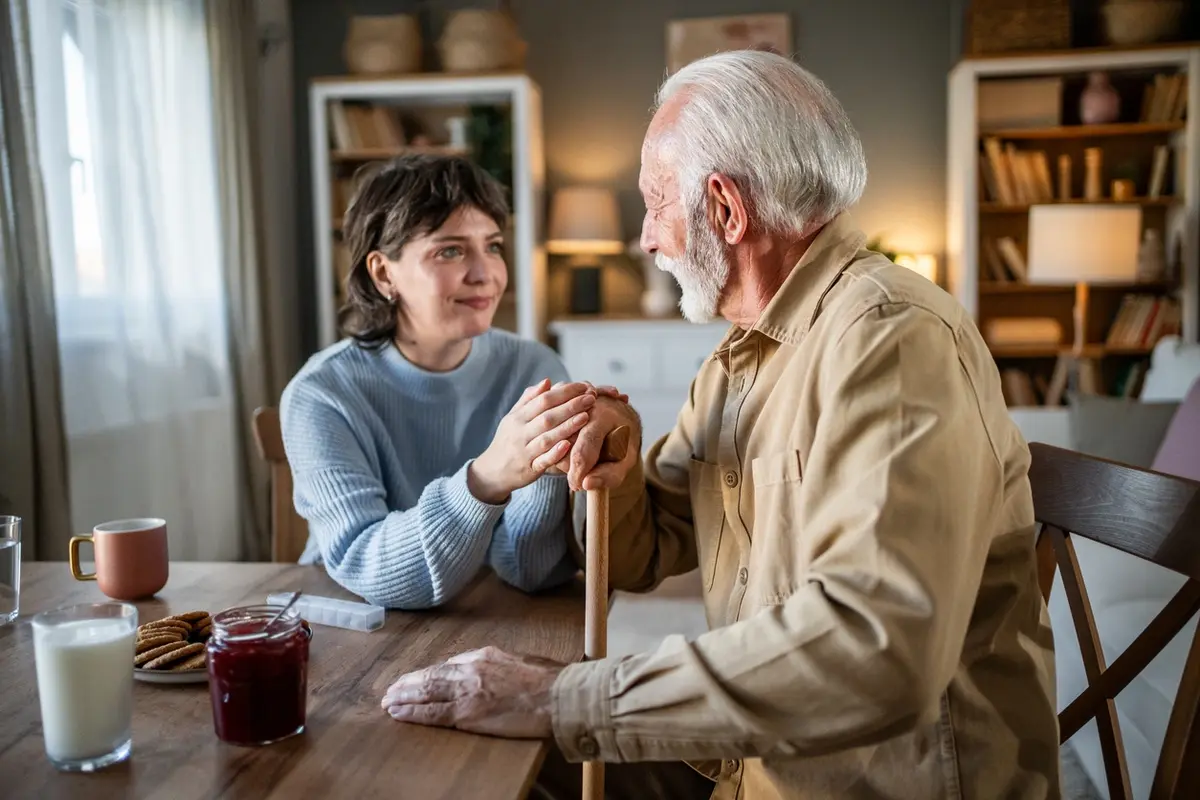 Adult daughter holding her father's hand while coping with the guilt of putting a parent in assisted living.